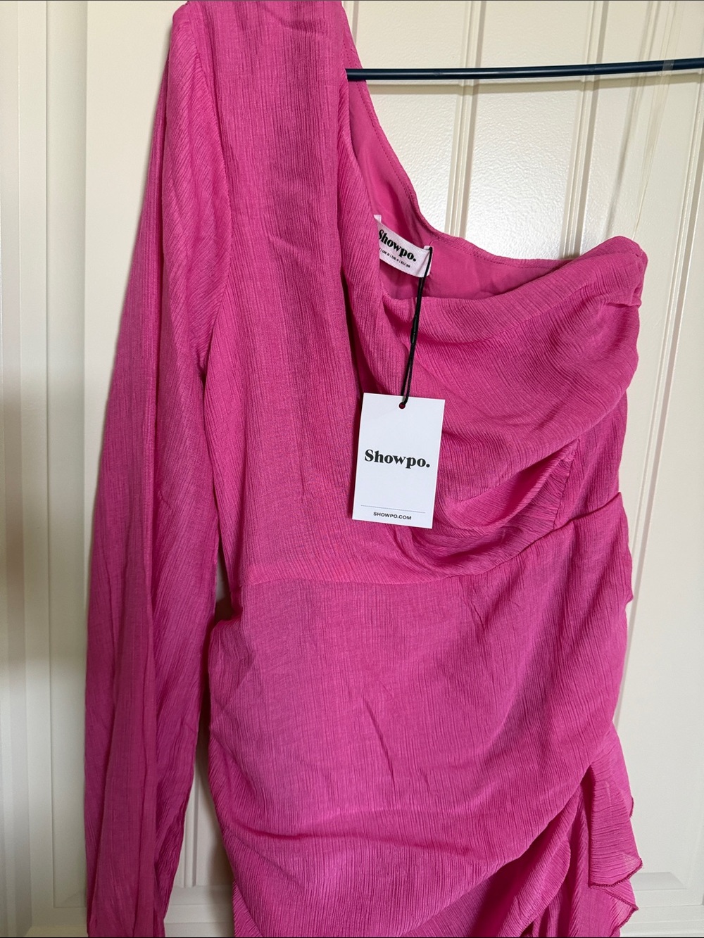Showpo. Hot Pink One-Shoulder Ruffle Mini Dress - Picture 4 of 8